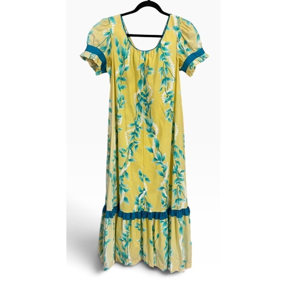Liberty House Muumuu Dress Maile Pikake Lei Ruffle Puff Sleeve Vintage 70s 80s